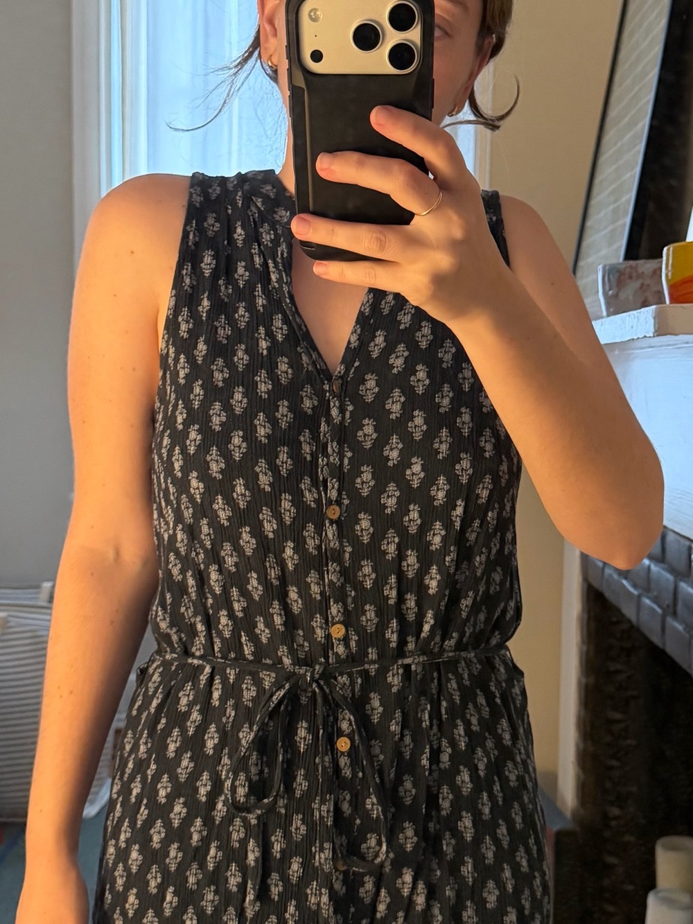 Black Sleeveless Button-Front Floral Dress with Tie Waist